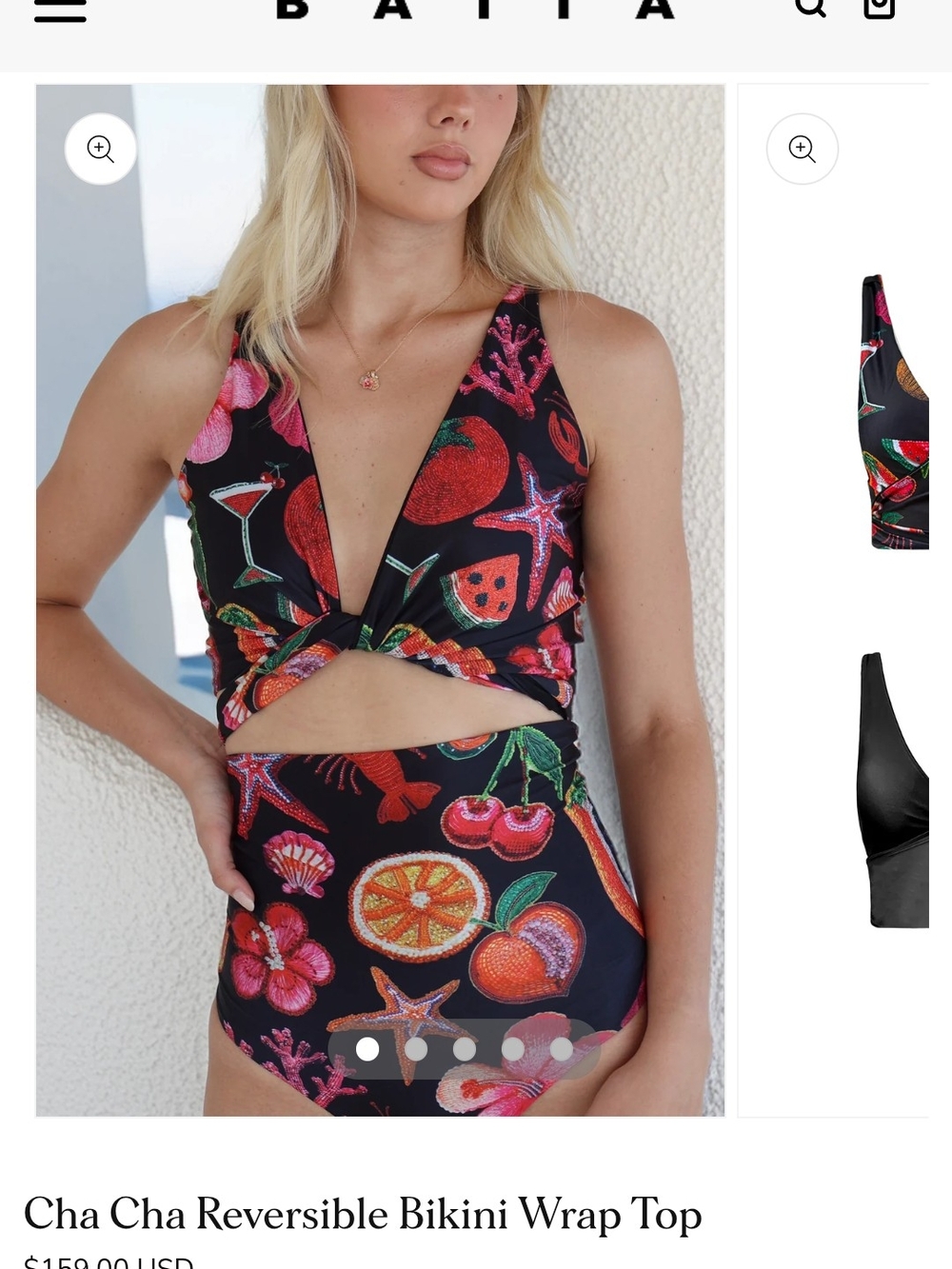 Cha Cha Women’s Reversible Bikini Wrap Top in Black with Fruit & Coral Print